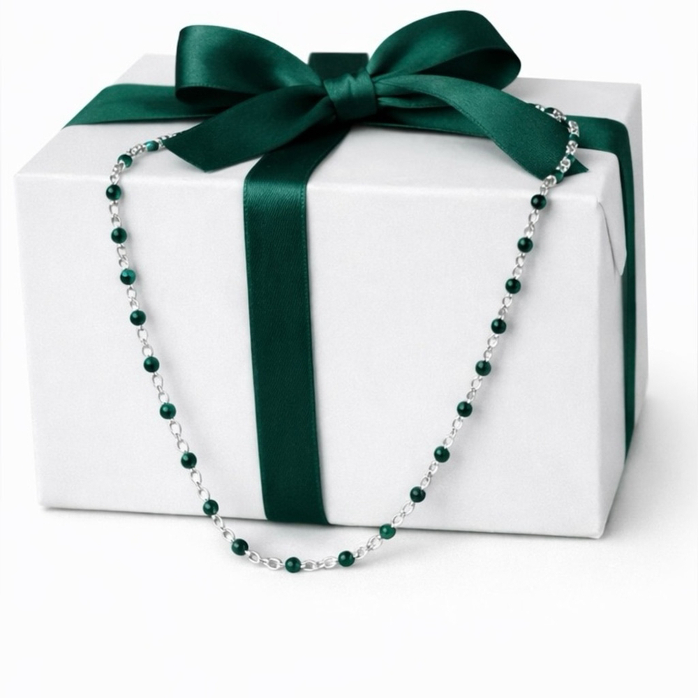 Necklace - 18” Stainless Steel Silver tone Necklace with Green Bead Accents - Picture 3 of 5